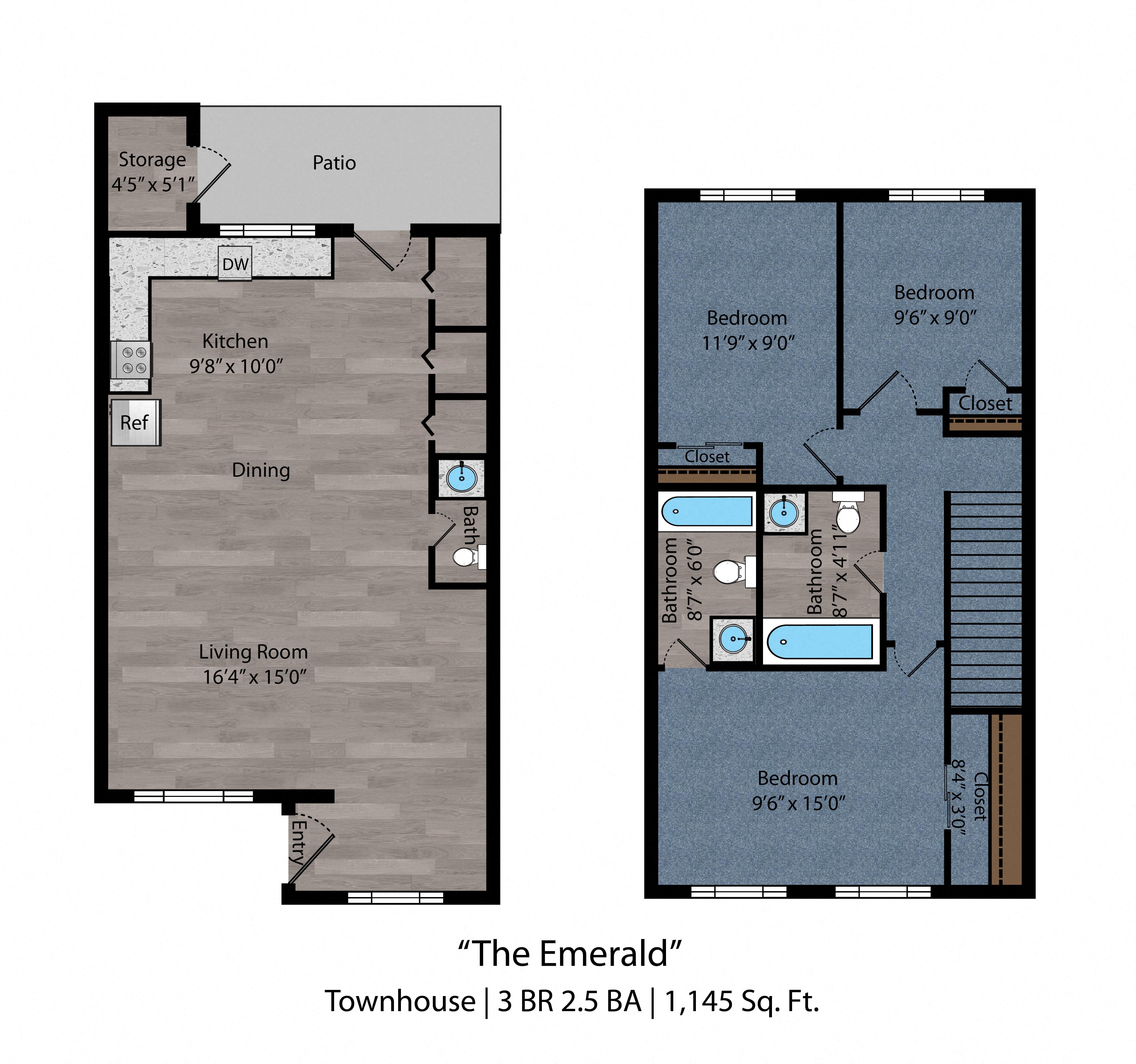 Floor plan for 3 beds, 2.5 baths, 1145 sqft